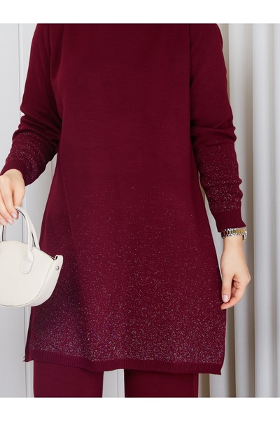 BisuModa طقم تونيك وبنطلون تريكو بتفاصيل من خيوط السيم