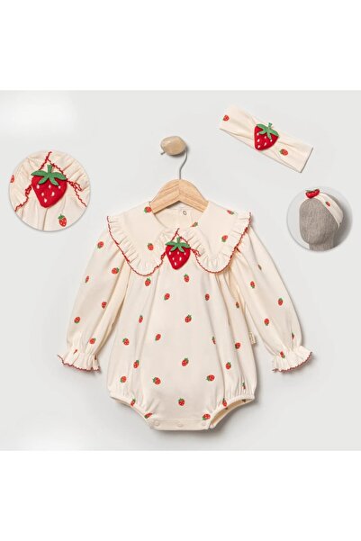 Valia Baby %100 Pamuklu Çilek Desenli Saç Bantlı Kız Bebek Romper
