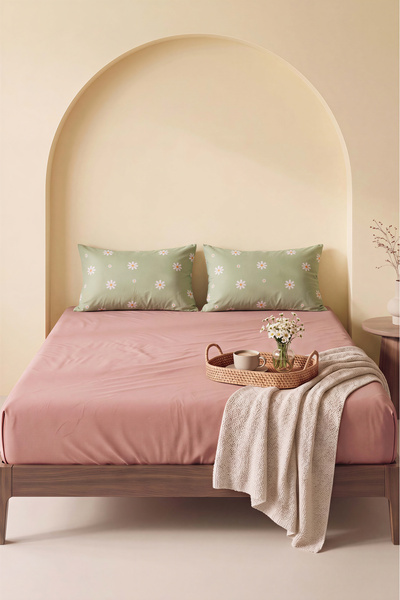 Rivaİstanbul Powder Brown Minimal Green Daisy Double Flat Sheet Set - 3 Pieces