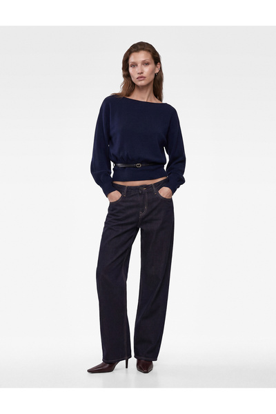 Koton Belt Detailed Long Batwing Sleeve Boat Neck Knitwear Blouse