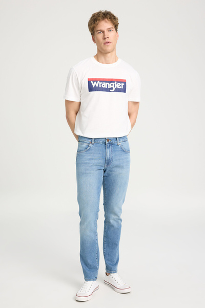 WRANGLER بنطال جينز رجالي من قماش الدنيم ذو قصة ضيقة وخصر عادي باللون الأزرق ...