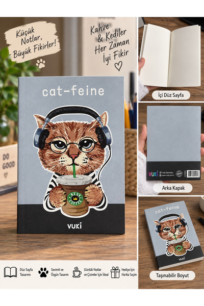 Bymiel Vuki Cat-Feine Kedi Desenli Düz Sayfalı Mini Not Defteri – Kahve Temal...