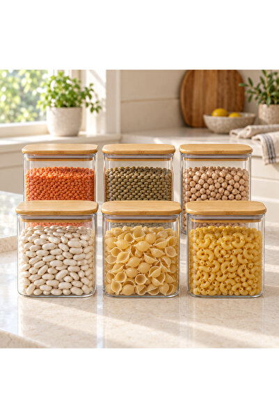 Queen’s Kitchen 6 قطع من البرطمانات الزجاجية المستطيلة ذات الأغطية الخيزرانية...