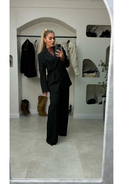 liya butik Siyah Blazer Ceket Palazzo Pantolon Takım