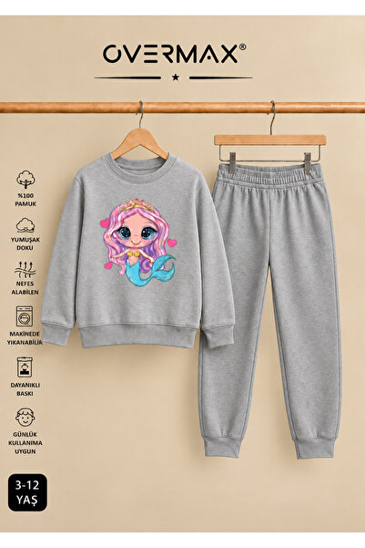 OVERMAX Mermaid Printed Hoodless Sweatshirt Tracksuit Set – Ages 3-12