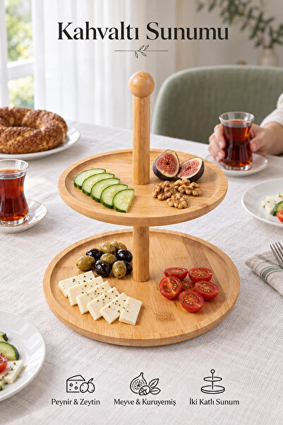 Tilbe Home 2 Katlı Bambu Sunumluk, Yuvarlak Servis Tabağı, Çerezlik, Kurabiye...