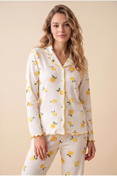 cotonhause Kadın Uzun Kol Önden Düğmeli Raporlu İnterlok Limon Ekru Pijama Takımı C6T2N48
