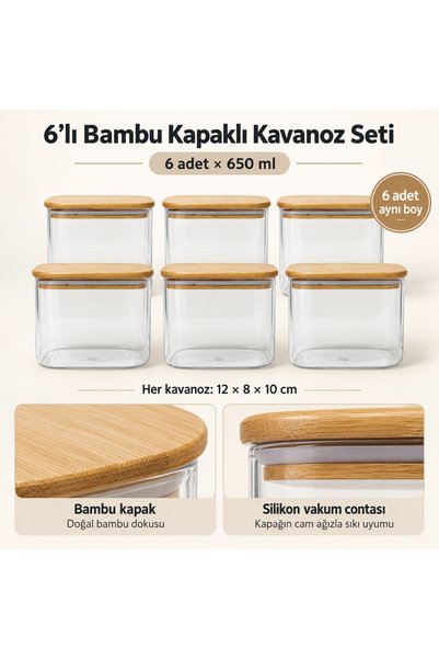 Queen’s Kitchen 6 Adet Dikdörtgen Bambu Kapaklı Cam Kavanoz 650ml x 6