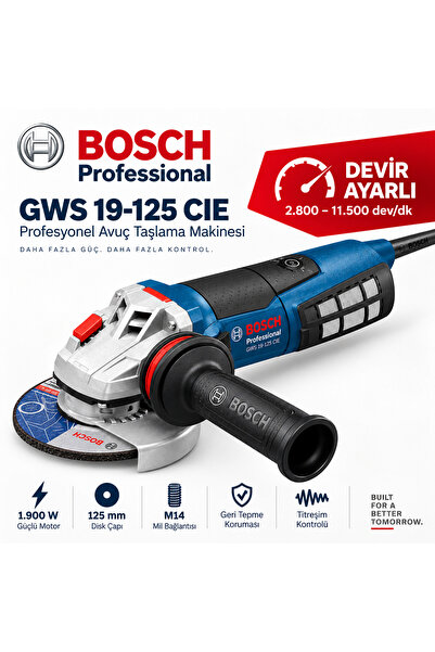 Bosch Professional GWS 19-125 CIE Devir Ayarlı Avuç Taşlama Makinesi 1900 W 1...