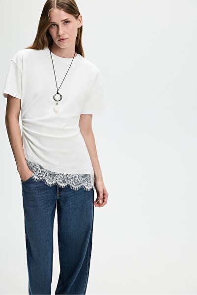 LEFTIES Asimetrik etek uçlu dantel detaylı t-shirt