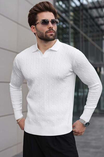 Madmext White Polo Collar Hair Knit Patterned Men's Knitwear Sweater E7519