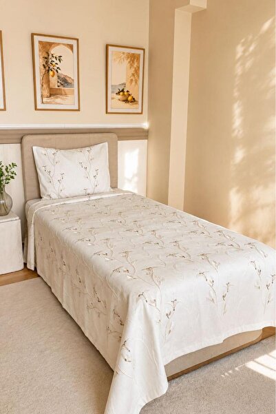 Çeyiz Diyarı Clove Embroidered Chenille 2 Piece Single Bedspread Beige