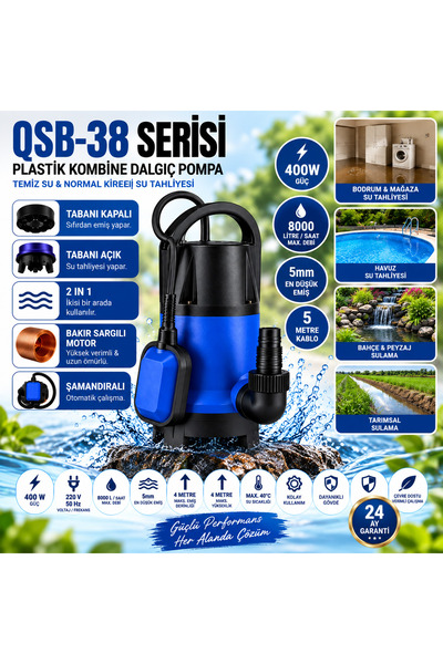 400W Kombine Dalgıç Pompa 2’si 1 Arada Şamandıralı 8000 L/Saat Temiz & Kirli Su Tahliye Pompası