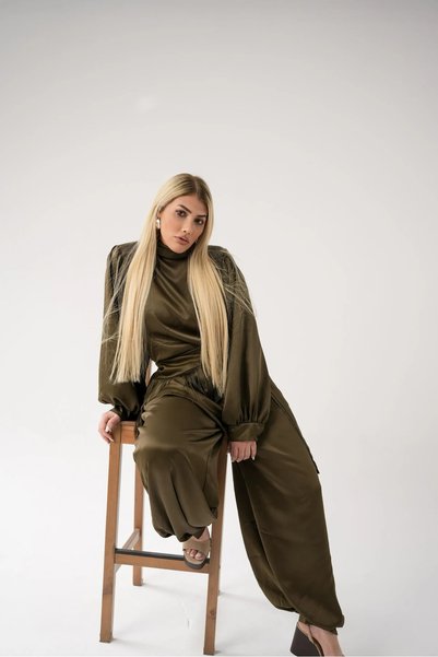 liya butik Yeşil Bağlamalı Saten Bluz Kuşaklı Şalvar Pantolon Takım