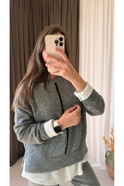 Hepsi Moda Minimal Çizgi Detaylı Bisiklet Yaka Gri Triko Kazak