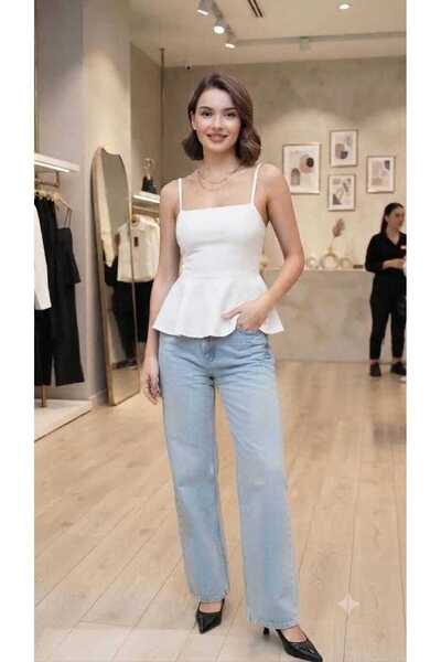 Kare Yaka İnce Askılı Etekten Açmalı Peplum Beyaz Bluz