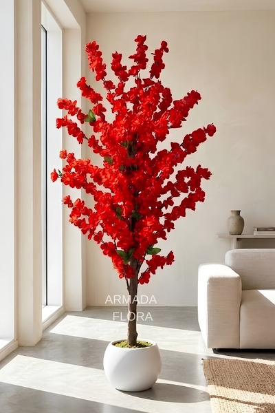 Armada Flora Premium Yapay Kırmızı Bahar Dalı Ağacı 140 cm 27x33 Küre Saksılı