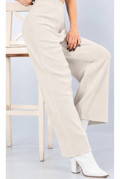 modazoom Pantaloni tricotati ecru cu talie elastică