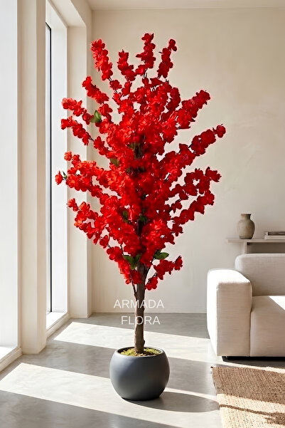 Armada Flora Premium Yapay Kırmızı Bahar Dalı Ağacı 140 cm 27x33 Küre Saksılı