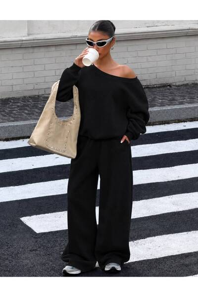 LOUİSA Women's Black Ribbed Asymmetrical Collar Sweatshirt - Black Loose Fit Comfortable Sweatpants Set