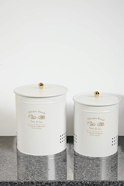 Metes Kitchen Beyaz Renk Metal 2'li Kulbu Gold Kapaklı Soğan, Patates Saklama...
