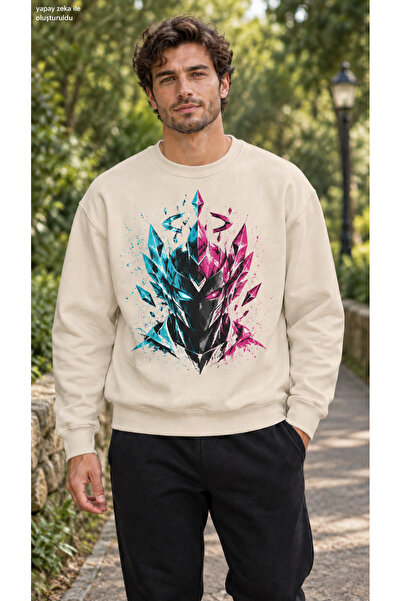 caddekombin Men's Cyber Warrior Printed Crew Neck Casual Regular Fit Sweatshirt