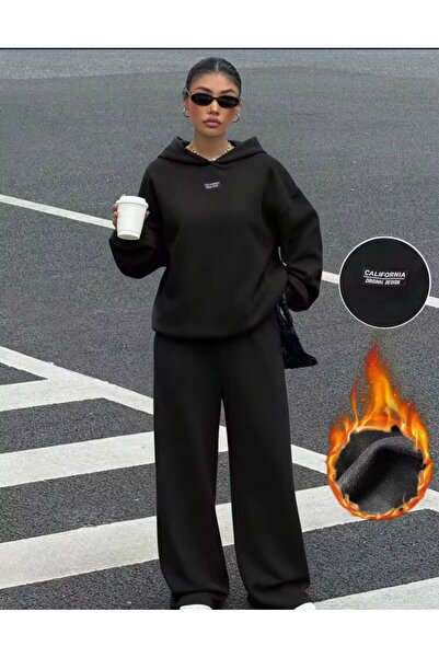 LOUİSA Kadın Siyah Kapşonlu Oversize California Design Baskılı Sweatshirt-Siy...
