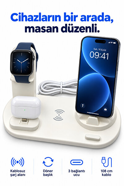 omitech Kablosuz Şarj Özellikli Çoklu Şarj İstasyonu Type-C Lightning Micro USB Döner Başlıklı Masaüstü Stand