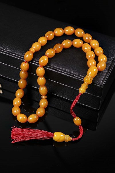 TESBİHKENTİ Red Knitted Tassel Countersunk Drilled Crimped Amber Prayer Beads