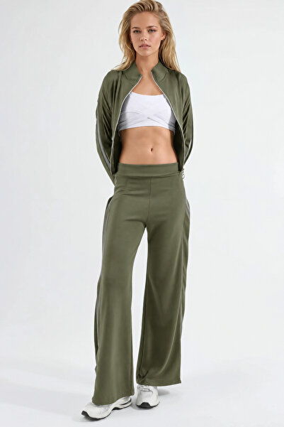 fiolin Modal textured zippered collar high waist wide leg two piece set