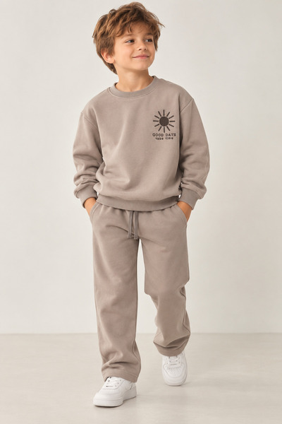 LUESS Erkek Çocuk Sweatshirt Pantolon Eşofman Takımı 3 İplik Şardonsuz - Vizon