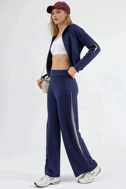 fiolin Modal textured zippered collar high waist wide leg two piece set