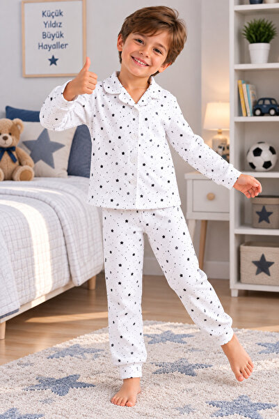 SERPİL Boys' Pajama Set 7 Years Old Star Patterned Long Sleeve Shirt Collar 2...