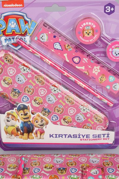 PAW PATROL x Set de papetărie din 5 piese, colecția Pink Paws, licențiată de Dekomus, cu cutie metalică pentru creioane, riglă, creion, radieră și ascuțitoare de creioane