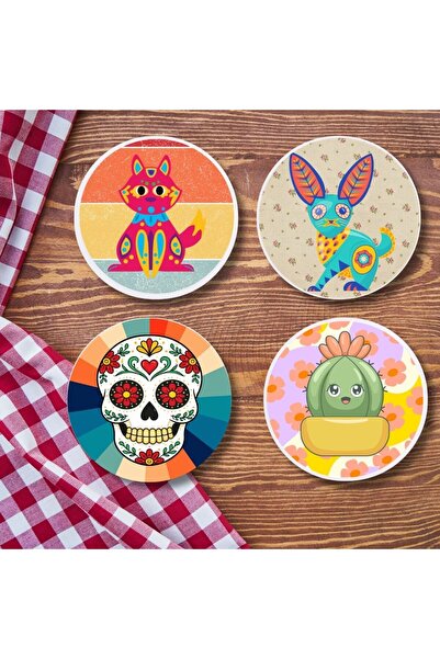Çılgıntrend Set of 4 Colorful and Fun Illustration Design Coasters