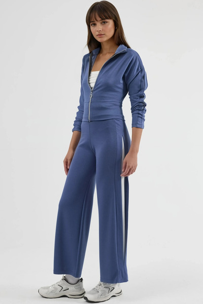 fiolin Modal textured zippered collar high waist wide leg two piece set