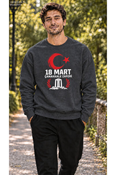 caddekombin Men's Canakkale Martyrs Memorial and Moon Star Printed Crew Neck ...