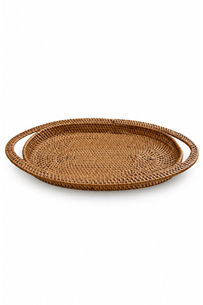 El Yapımı Doğal Rattan Oval Kulplu Dekoratif Sunum Tepsisi 29x18 cm