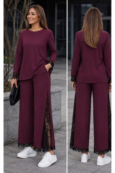 JANES Women's long sleeve crew neck viscose two-piece set with lace detail: b...