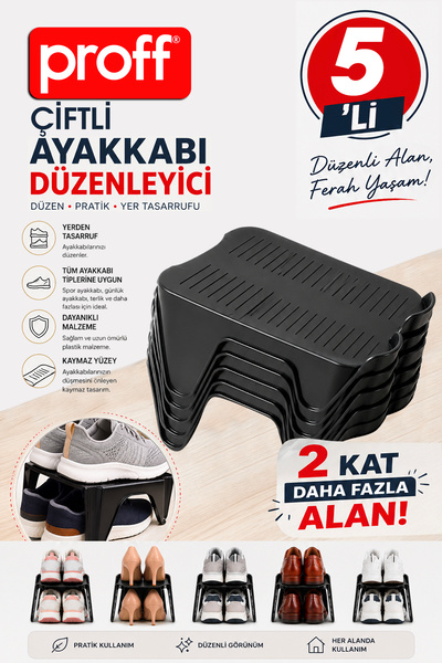 Proff 5'Li Ayakkabı Düzenleyici Siyah Rampa Dolap İçi Yer Tasarruflu Çiftli A...