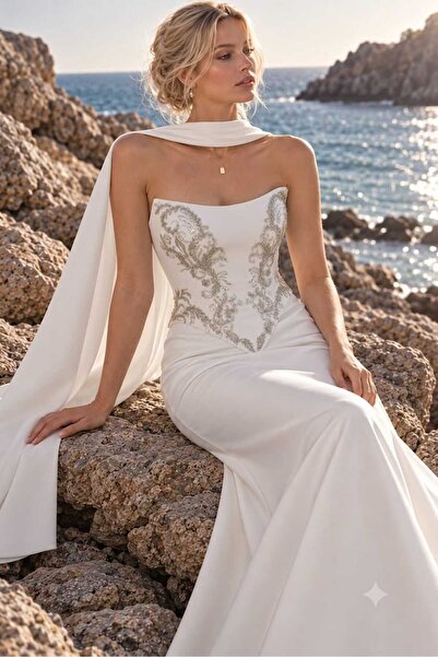 EVET couture Kadın Beyaz Söz Nişan Abiye elbise - İsteme Nikah - Zarif Özel G...