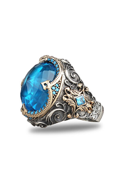 Mirari Jewelry Akuamarin Taşlı Oval Kesim Vintage Motifli Erkek Yüzük | Premi...