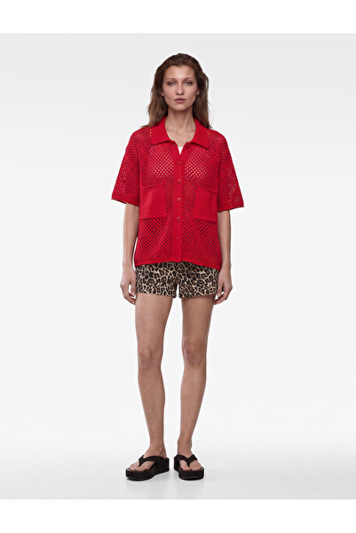 Koton Polo Collar Short Sleeve Openwork Mesh Shirt with Pockets