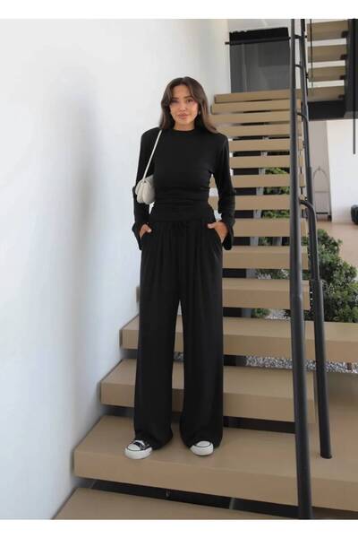 Bak'ap Premium Padded Corset Detailed Bat Sleeve Blouse - Wide Leg Pants 2-Pi...