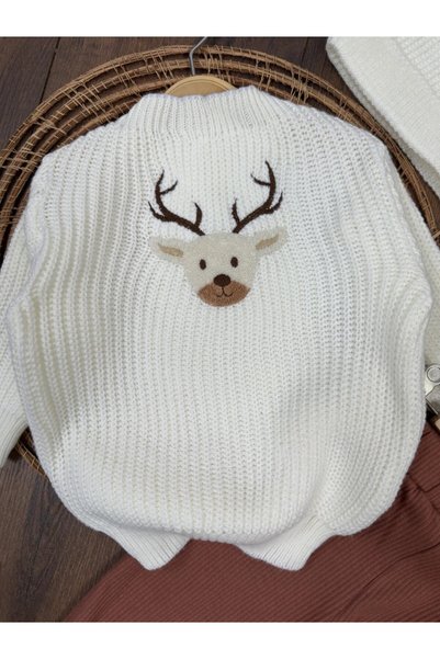 my petit panda Knitwear Sweater Deer and Pine Punch Embroidered Report Stretch Fabric Pants Knitwear Oversize Baby Boy Set with Hat