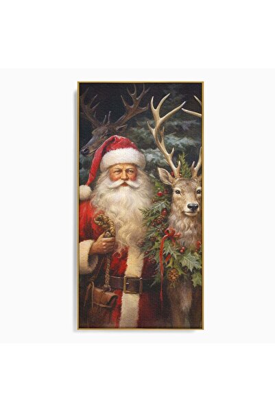 Luxcanva Tablou Canvas Mos Craciun Si Renul 50x100 cm cu Rama Auriu Bucurie C...