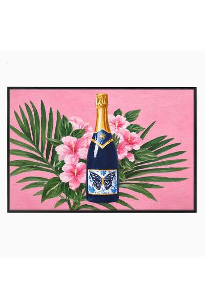 Luxcanva Tablou Canvas Sticla De Sampanie Si Flori Tropicale 70x50 cm cu Rama...