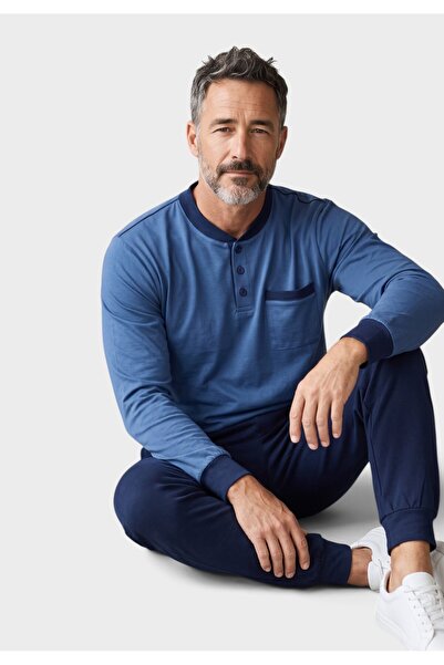 COLLECTİON Ανδρικές Φλις Πιτζάμες με Κουμπιά 65% Βαμβάκι Μπλε - Μπλε