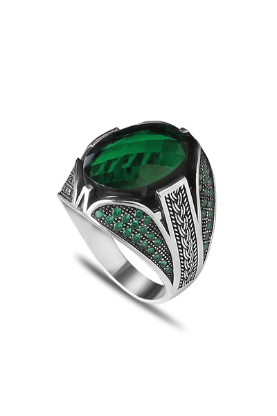 Mirari Jewelry Yeşil Zirkon Taşlı Örgü Motifli Erkek Yüzük | Premium 0,40 Mik...