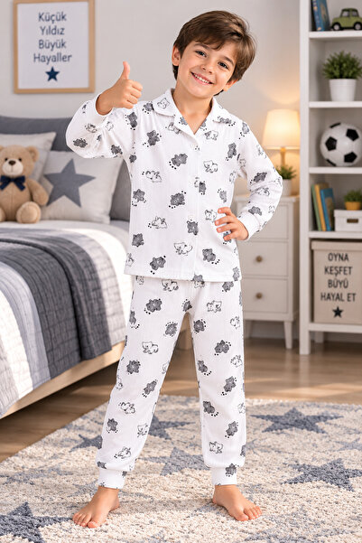 SERPİL Boys' Pajama Set Animal Patterned Long Sleeve Shirt Collar 2-Piece Paj...